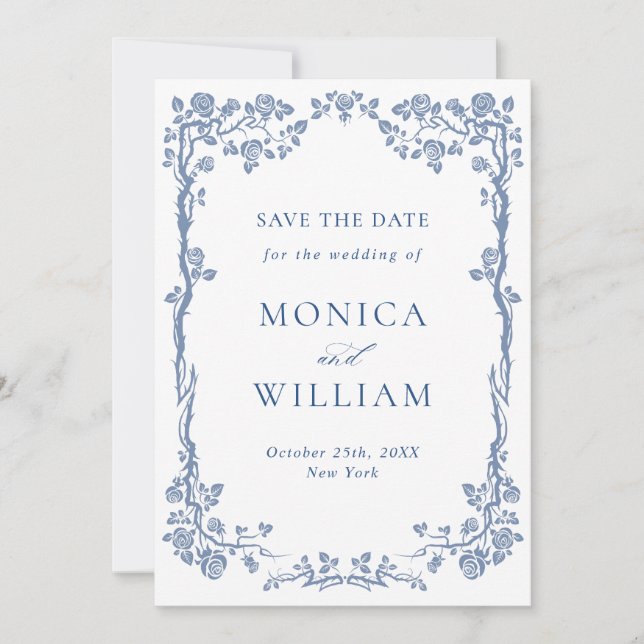 Elegant Blue French Garden Floral Wedding Photo Save The Date (Front)