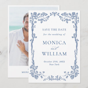 Elegant Blue French Garden Floral Wedding Photo Save The Date