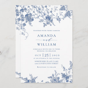 Elegant Blue French Garden Floral Wedding QR code Invitation