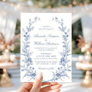 Elegant Blue French Garden Floral Wreath Wedding Invitation