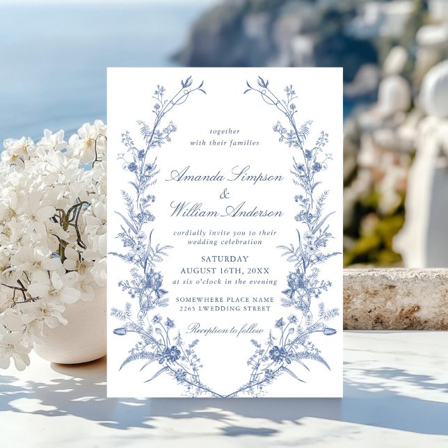 Elegant Blue French Garden Floral Wreath Wedding Invitation (Creator Uploaded)