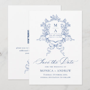 Elegant Blue French Garden Flowers Wedding QR code Save The Date