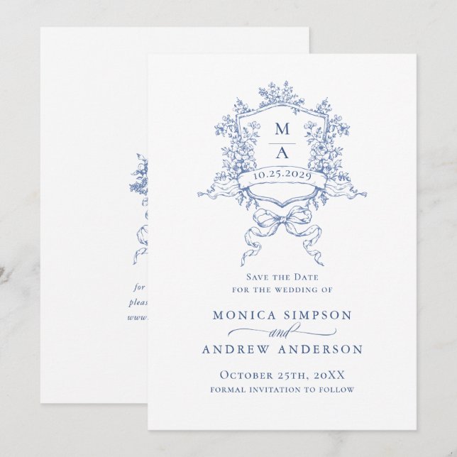 Elegant Blue French Garden Flowers Wedding Save The Date (Front/Back)