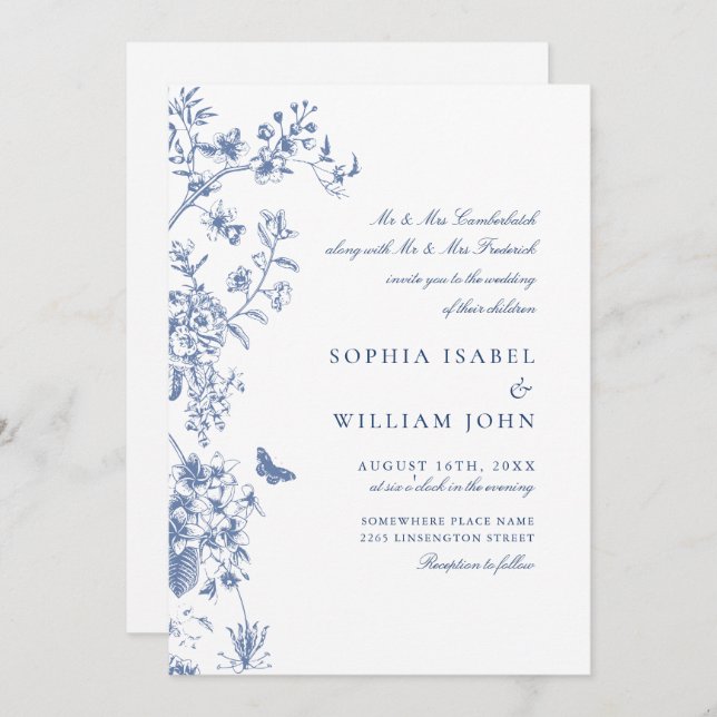 Elegant Blue French Garden Wedding Invitation (Front/Back)