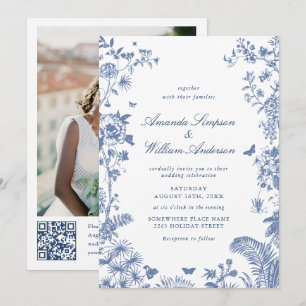 Elegant Blue French Garden Wedding Photo QR code Invitation