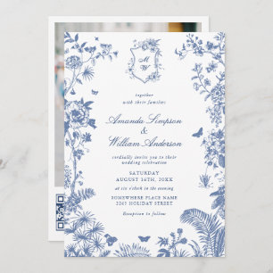 Elegant Blue French Garden Wedding Photo QR code Invitation