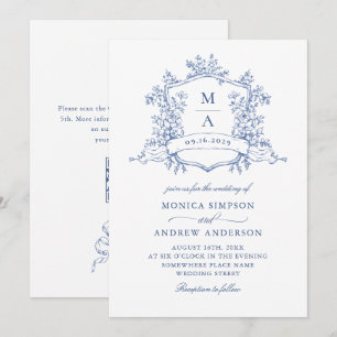 Elegant Blue French Garden Wedding QR code Invitation