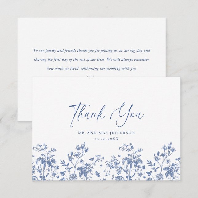 Elegant Blue French Roses Garden Floral Wedding Thank You Card (Front/Back)