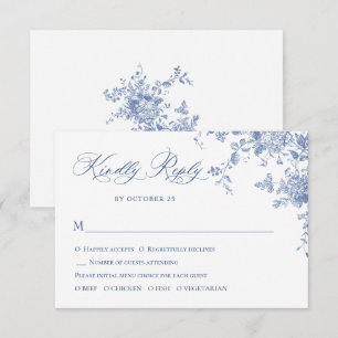 Elegant Blue French Roses Garden Toile Wedding RSVP Card