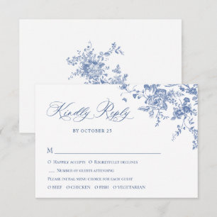 Elegant Blue French Roses Garden Toile Wedding RSVP Card