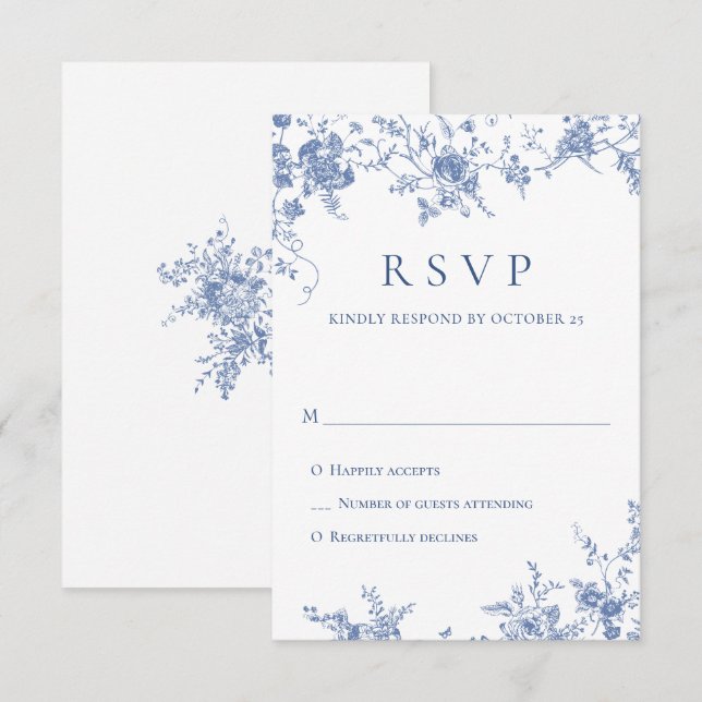Elegant Blue French Roses Garden Toile Wedding RSVP Card (Front/Back)