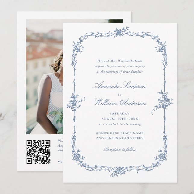 Elegant Blue French Roses Garden Wedding QR code Invitation (Front/Back)