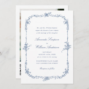 Elegant Blue French Roses Garden Wedding QR code Invitation