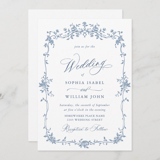 Elegant Blue French Roses Garden Wedding QR code Invitation (Front/Back)