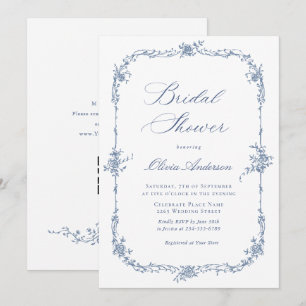Elegant Blue French Roses Toile Bridal Shower Invitation