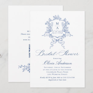 Elegant Blue French Roses Toile Bridal Shower Invitation