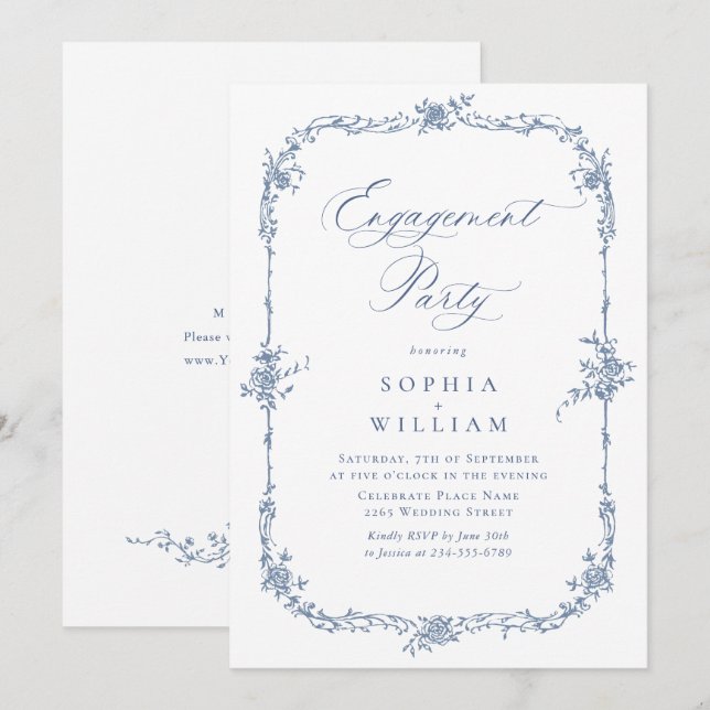 Elegant Blue French Roses Toile ENGAGEMENT PARTY Invitation (Front/Back)
