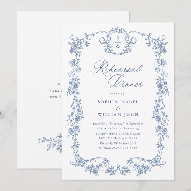 Elegant Blue French Roses Toile Rehearsal Dinner Invitation (Front/Back)