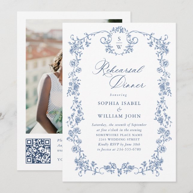 Elegant Blue French Roses Toile Rehearsal Dinner Invitation (Front/Back)
