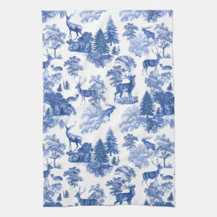 Elegant Blue French Toile Deer in Woodland Kitchen Towel