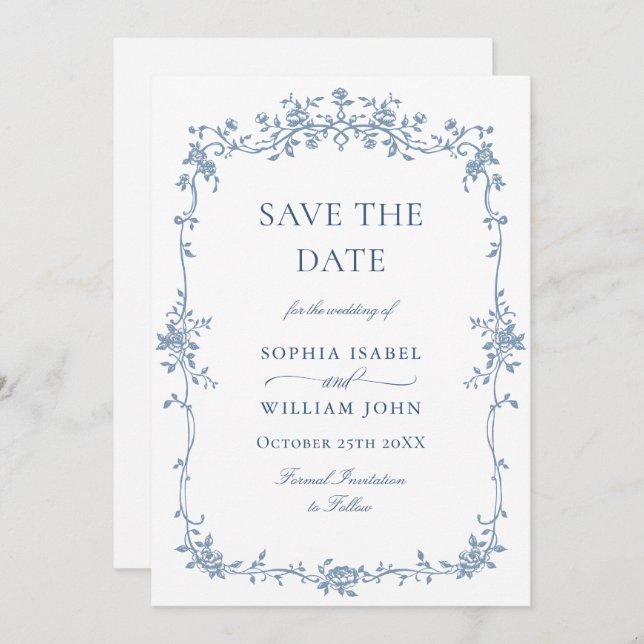 Elegant Blue French Toile Floral Wedding QR code Save The Date (Front/Back)
