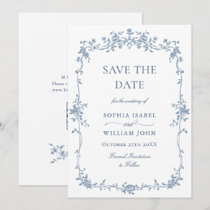 Elegant Blue French Toile Floral Wedding QR code Save The Date