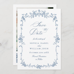Elegant Blue French Toile Floral Wedding QR code Save The Date