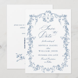 Elegant Blue French Toile Floral Wedding QR code Save The Date