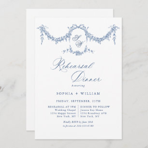 Elegant Blue French Toile Garden Rehearsal Dinner Invitation