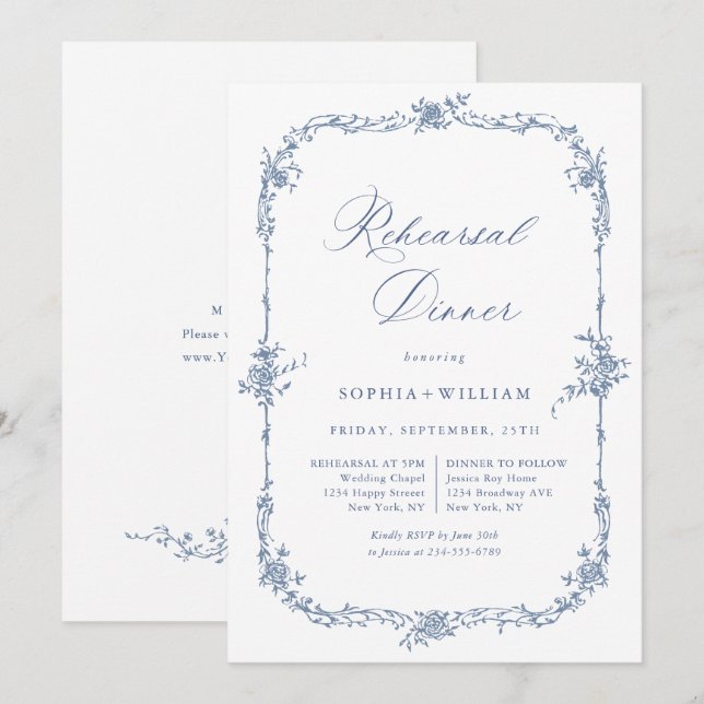 Elegant Blue French Toile Garden Rehearsal Dinner Invitation (Front/Back)