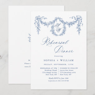 Elegant Blue French Toile Garden Rehearsal Dinner Invitation