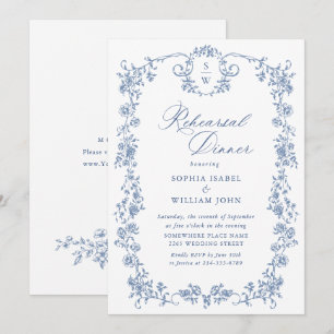 Elegant Blue French Toile Garden Rehearsal Dinner Invitation