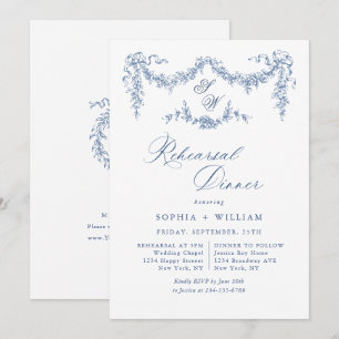 Elegant Blue French Toile Garden Rehearsal Dinner Invitation