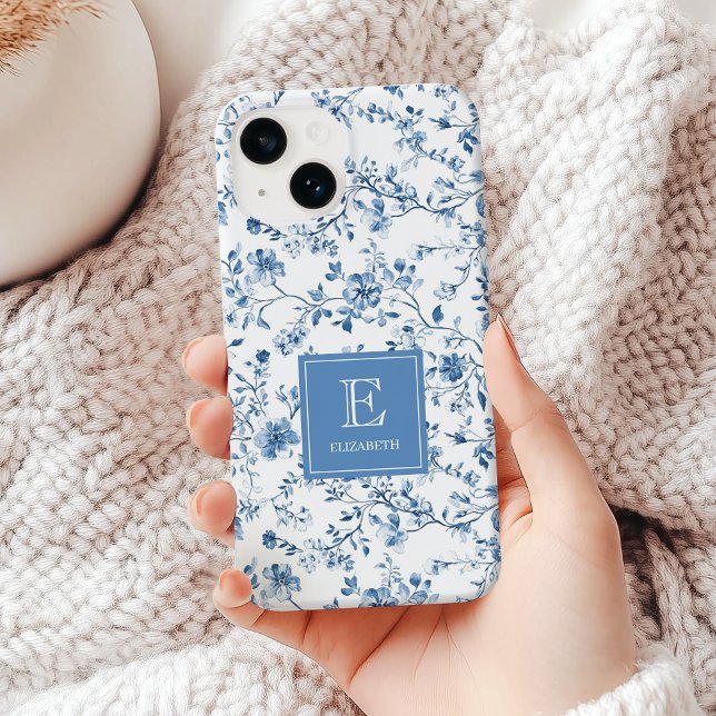 Elegant Blue French Toile Pattern Monogram Name iPhone Case (Elegant blue french toile pattern with monogram and name emblem. A classy, timeless vintage style. )