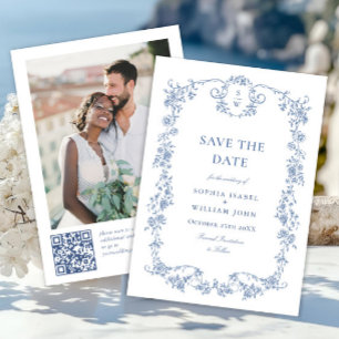 Elegant Blue French Toile QR code Photo Wedding Save The Date