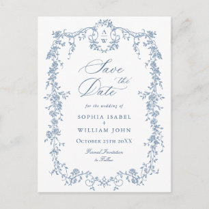 Elegant Blue French Toile Wedding Save the Date Postcard