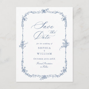Elegant Blue French Toile Wedding Save the Date Postcard
