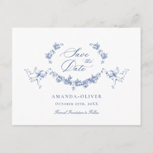 Elegant Blue French Toile Wedding Save the Date Postcard