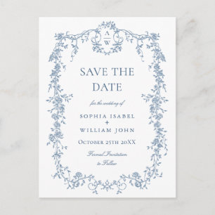 Elegant Blue French Toile Wedding Save the Date Postcard