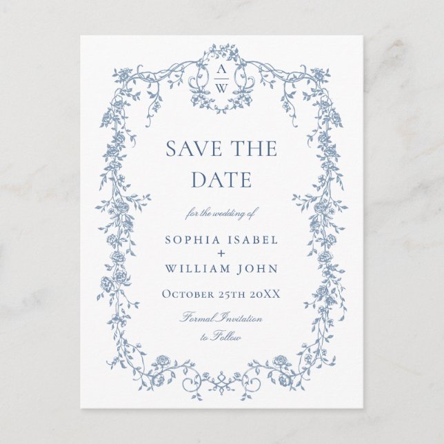 Elegant Blue French Toile Wedding Save the Date Postcard (Front)