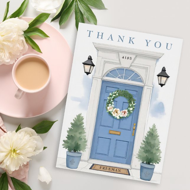 Elegant Blue Front Door Housewarming  Thank You Card (Thank you card)
