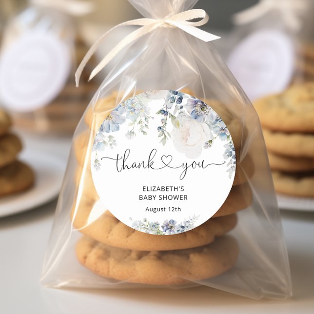 Elegant Blue Garden Baby Shower Thank You Classic Round Sticker (Creator Uploaded)