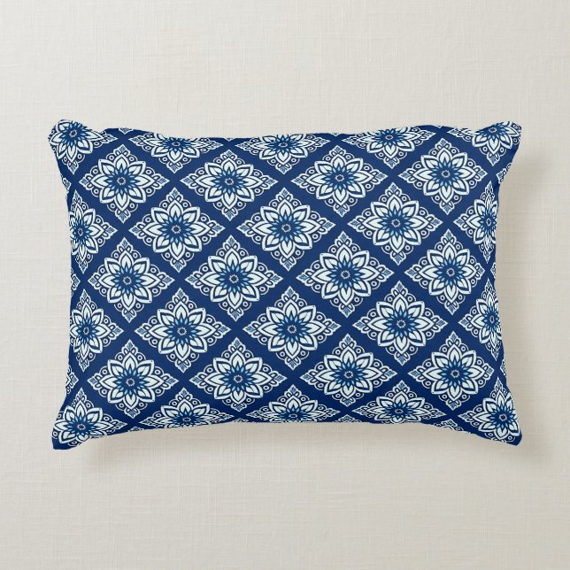 Elegant Blue Geometric Floral Pattern Accent Pillow (Front)