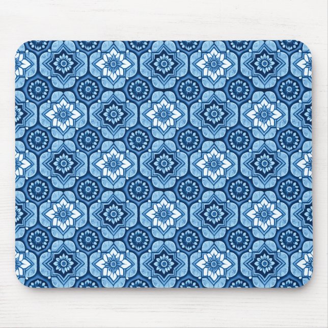 Elegant Blue Geometric Floral Pattern Mouse Pad (Front)