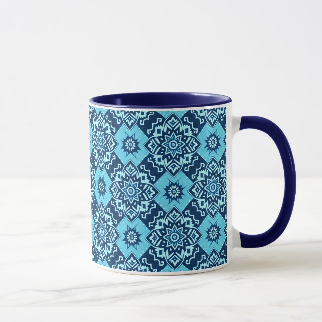 Elegant Blue Geometric Floral Pattern Mug (Right)