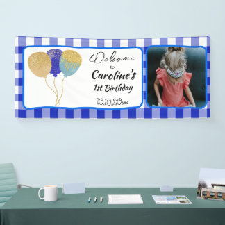 Elegant Blue Gingham Glitter Balloons 1st Birthday Banner