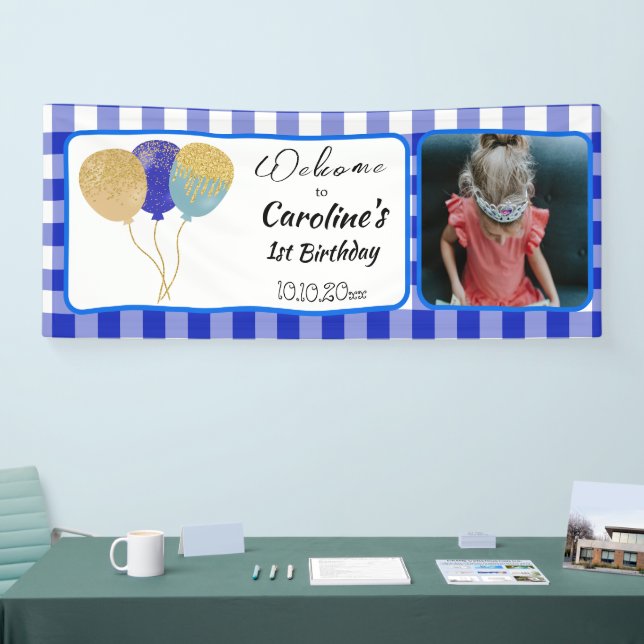 Elegant Blue Gingham Glitter Balloons 1st Birthday Banner (Tradeshow)