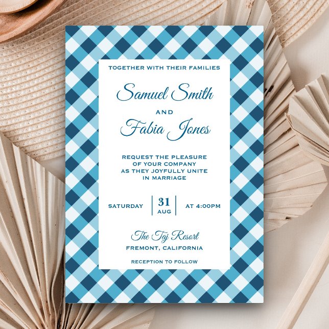 Elegant Blue Gingham Pattern Wedding Invitation (Creator Uploaded)