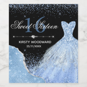 Elegant Blue Glitter Ballgown Sweet Sixteen Wine Label