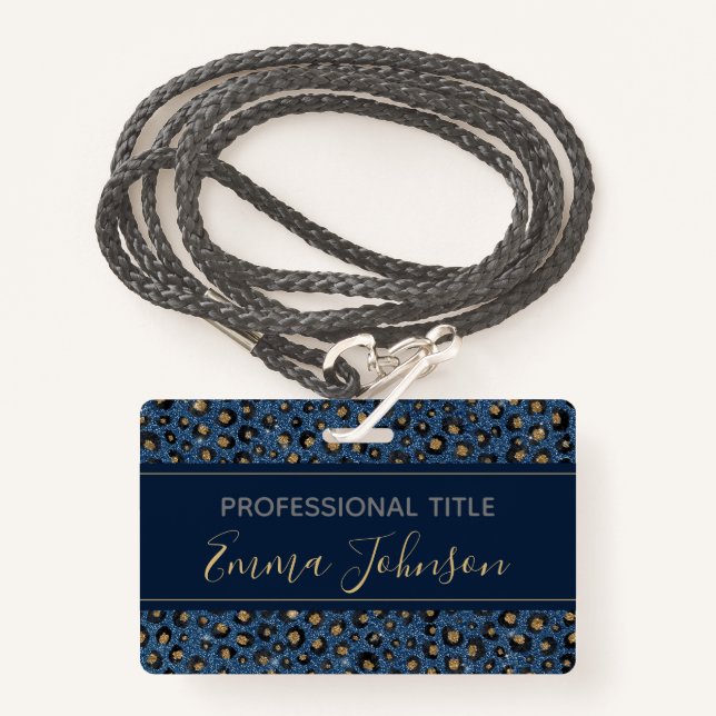 Elegant Blue Glitter Black Gold Leopard Print Badge (Front with Lanyard)